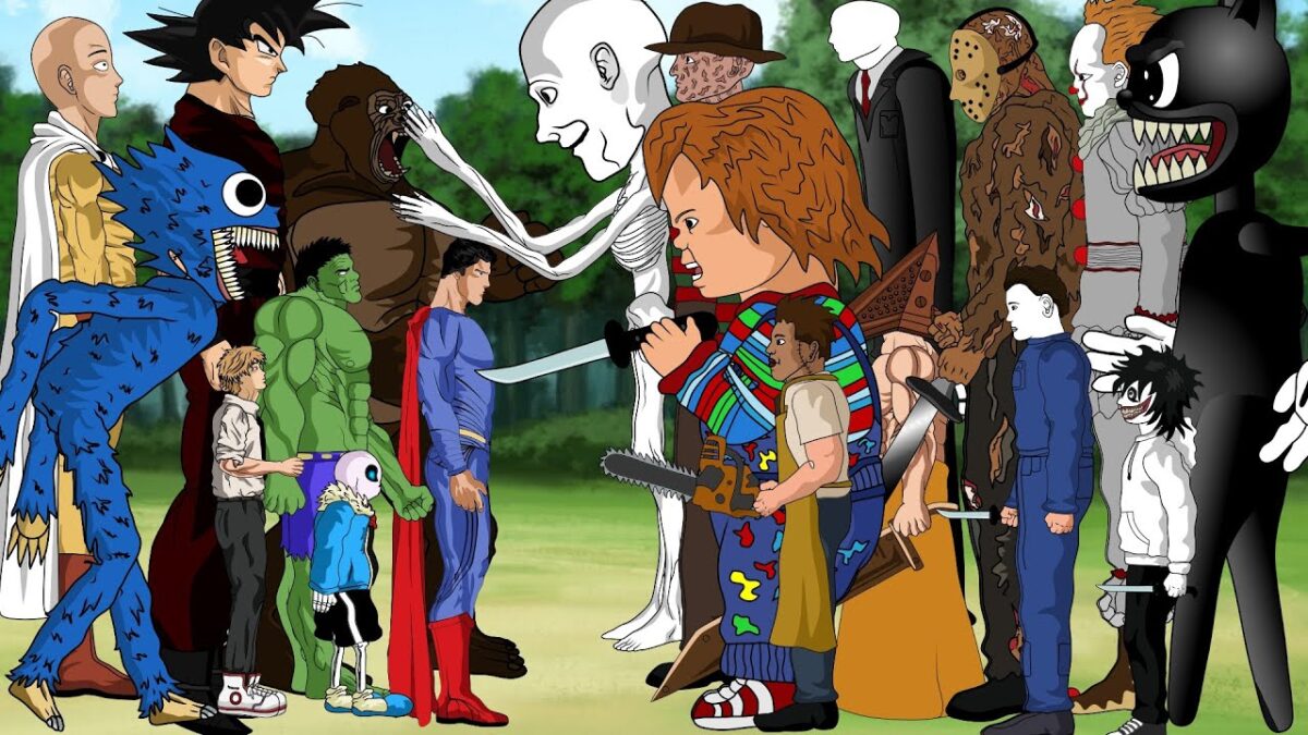 Goku -Saitama-Superman-Hulk-ChainsawMan-Huggy Wuggy-King kong-Sans VS Jason,Chucky,Scp 096+ villains