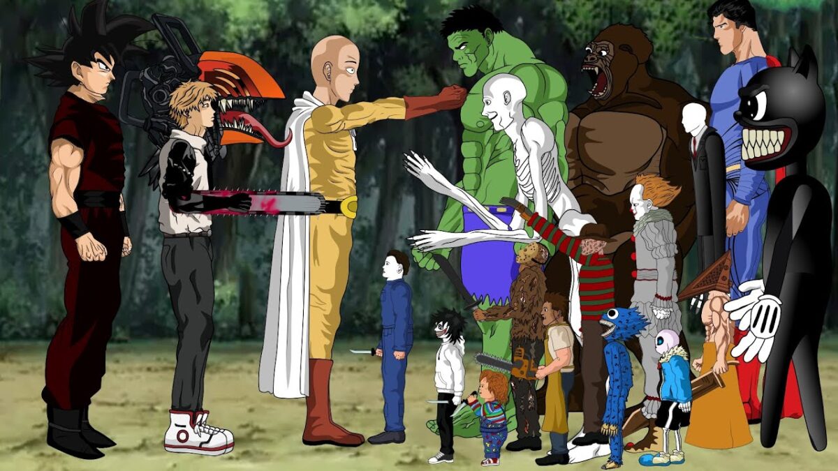 Goku – Saitama – Chainsaw Man – VEGETA – Udin Din Din Dun VS Hulk,Jason,IT,Chucky,Freddy,Scp096,Jeff