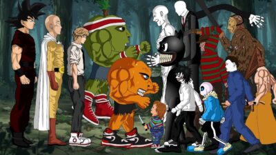 Goku – Saitama – ChainsawMan – Udin Din Din Dun VS Jason,Chucky,Michael,IT,Scp096,Cartoon Cat,Freddy