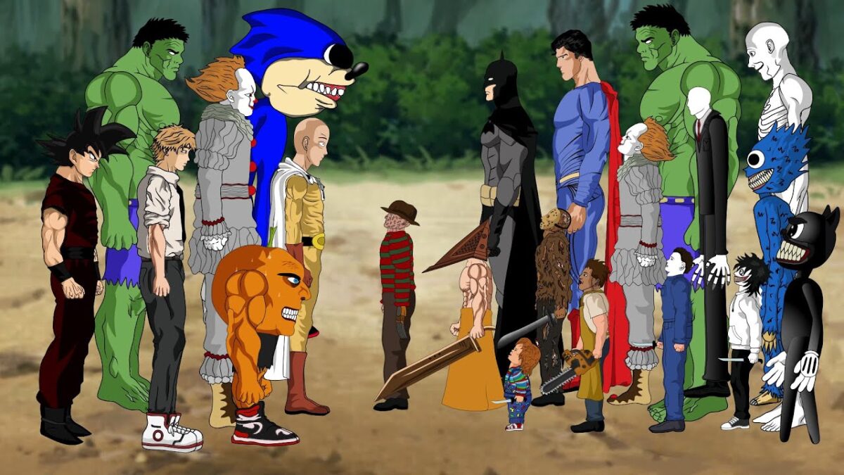 Goku – Saitama – Pennywise – Chainsaw Man VS Superman,Hulk,Jason,Chucky,CartoonCat,GODZIILA,SONIC,IT