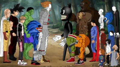 Saitama – Goku – Pennywise -Sonic-Chainsaw Man VS Udin Din Jason,Chucky,Michael,Freddy,Scp 096,Huggy
