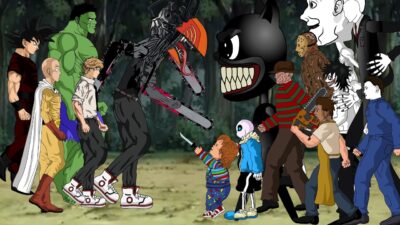 CHAINSAW Man – Goku – Saitama VS CartoonCat,IT,Jason Voorhees,Chucky,Michael,Freddy,Scp096,Jeff,Sans